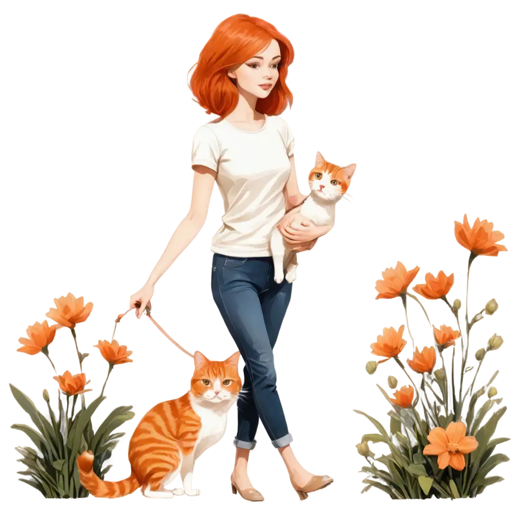 Cartoon-Style-PNG-Image-Woman-with-Red-Chanel-Hair-Holding-Orange-and-White-Cat-in-Flower-Garden