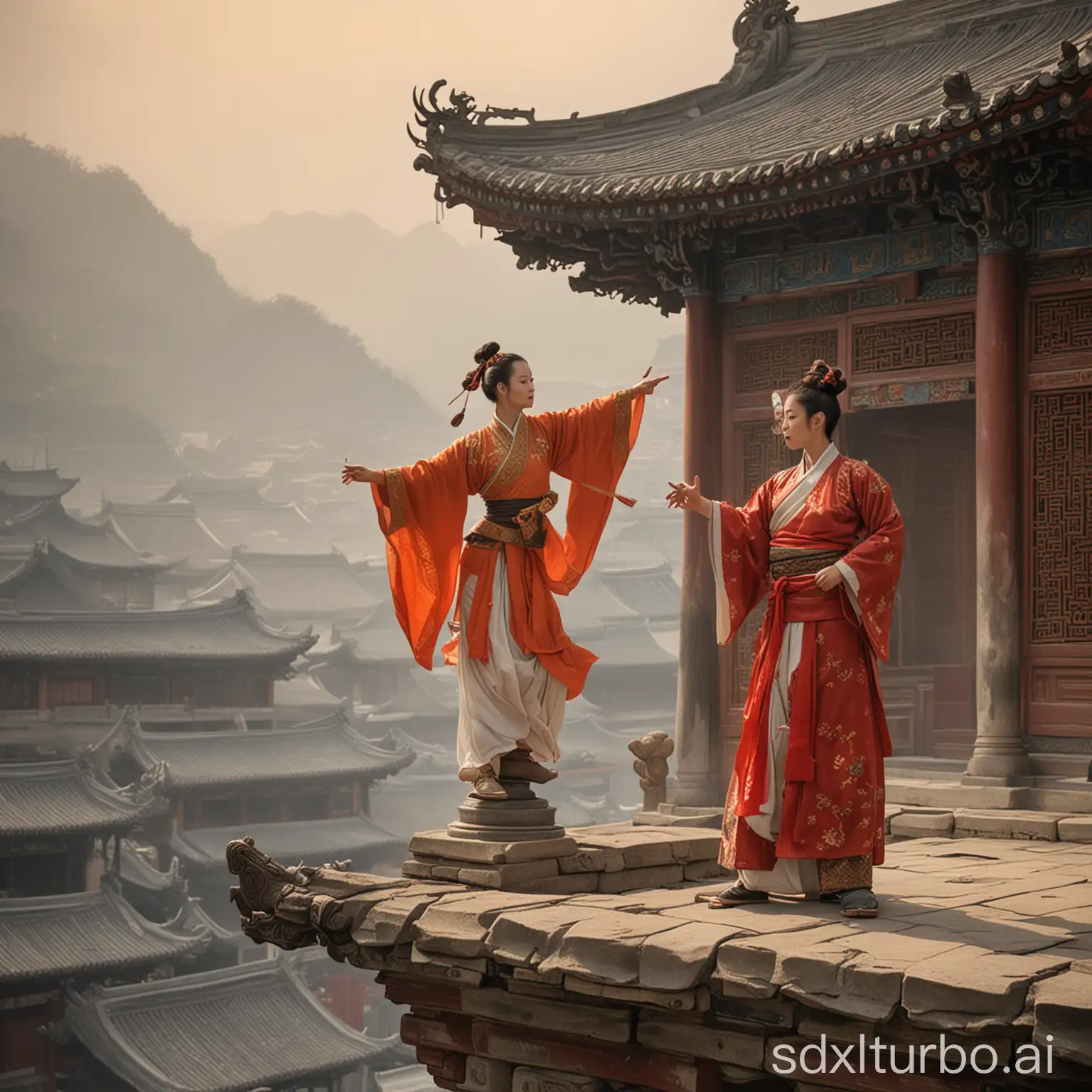 Shanxi Yongle Gong, a martial heroine standing on the roof of a temple and dueling with a Taoist priest, in an intriguing and luxurious atmosphere