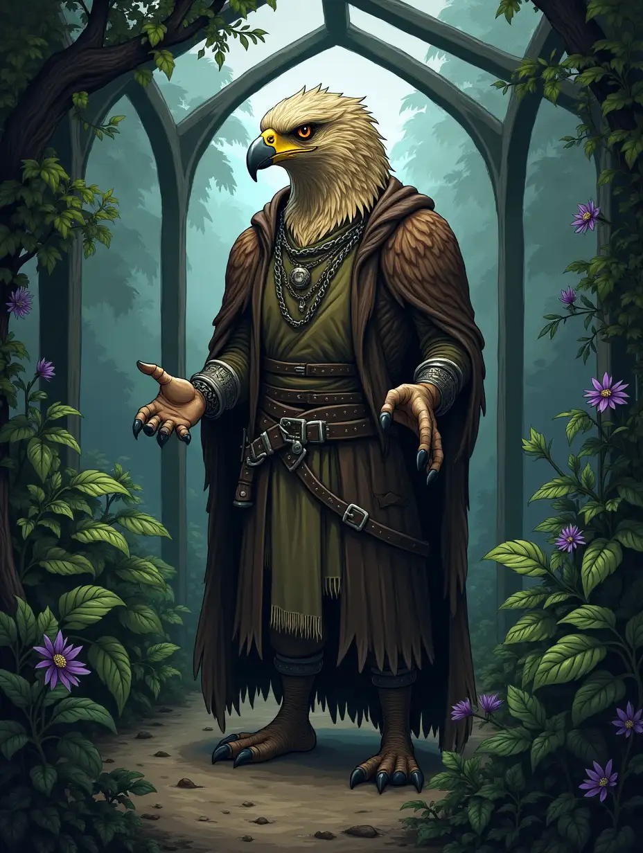 An anthropomorphic eagle druid scientist in a dark greenhouse, rendered in a hand-drawn 5e fantasy style