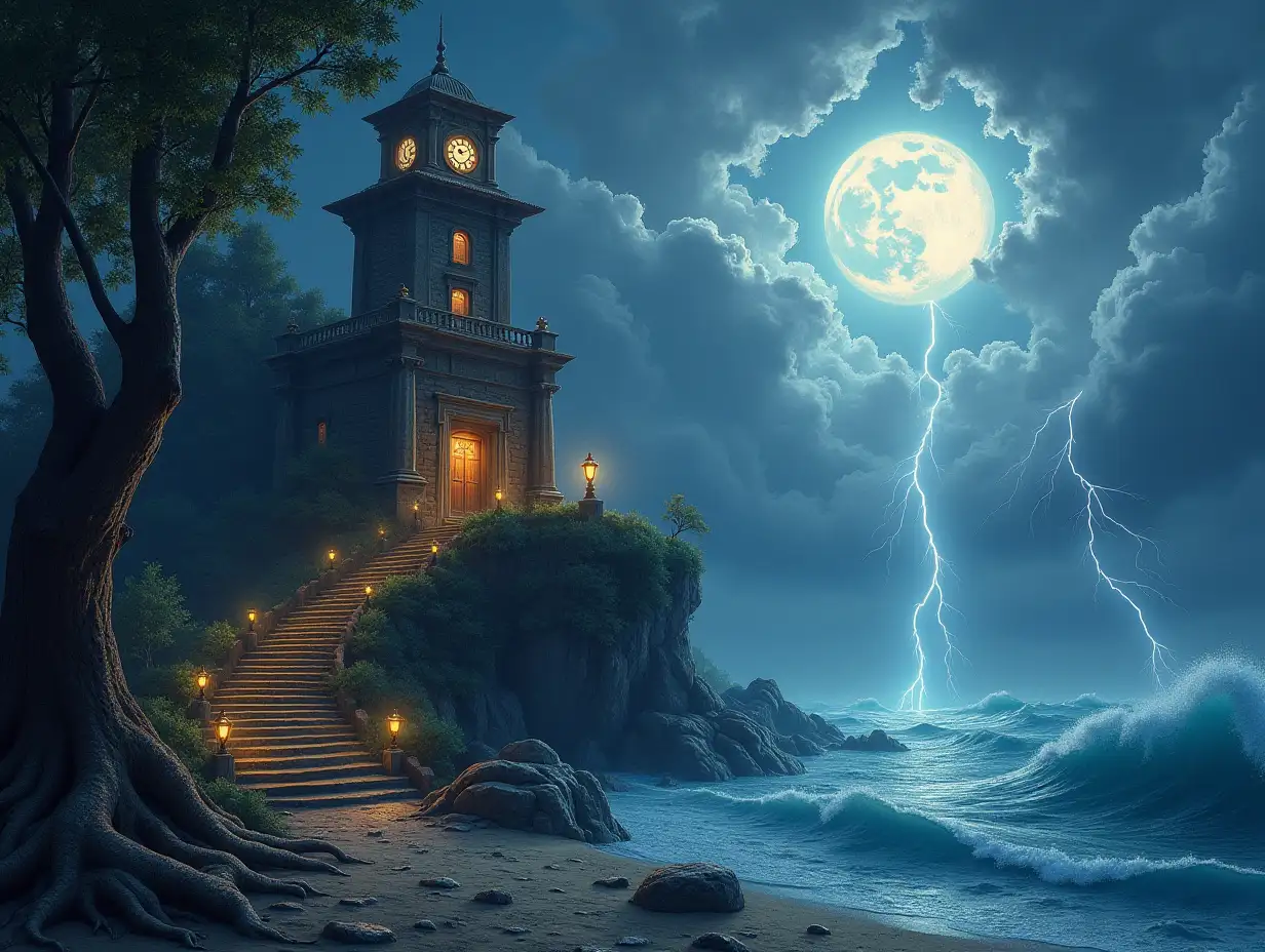 Creating a digital painting a hand with a building with stones and lighting. Trees with roots and rocks and lantern far below is the sea, with large clock. A big tower up to the sky Lanterns and and the sun shines through the clouds, from the sea is a stairway to heaven Very big waves and lightning