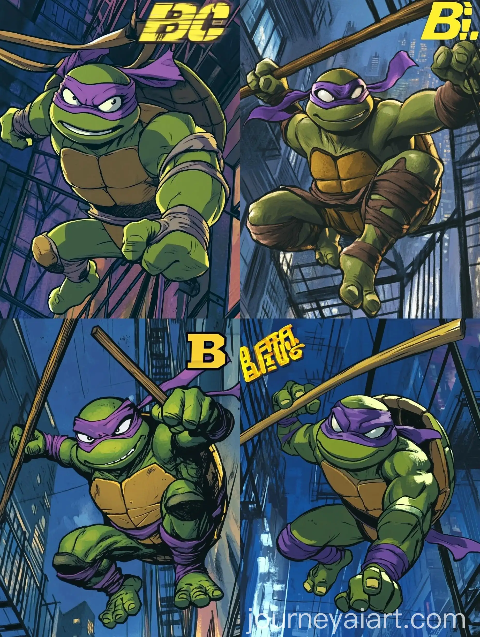 Donatello-Ninja-Turtle-Jumping-Down-Fire-Escape-at-Night