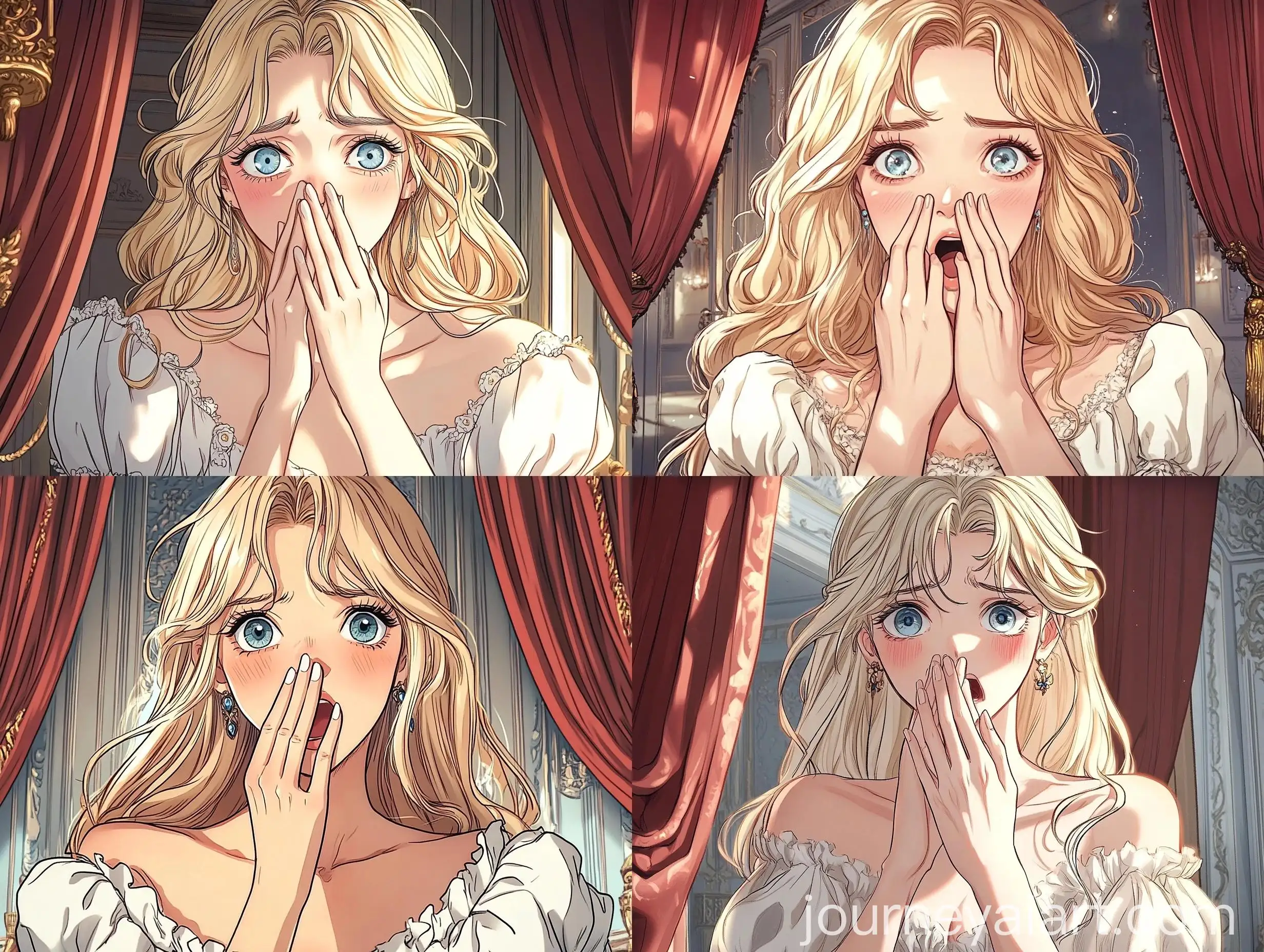 Surprised-Lady-in-White-Dress-at-Luxurious-Palace