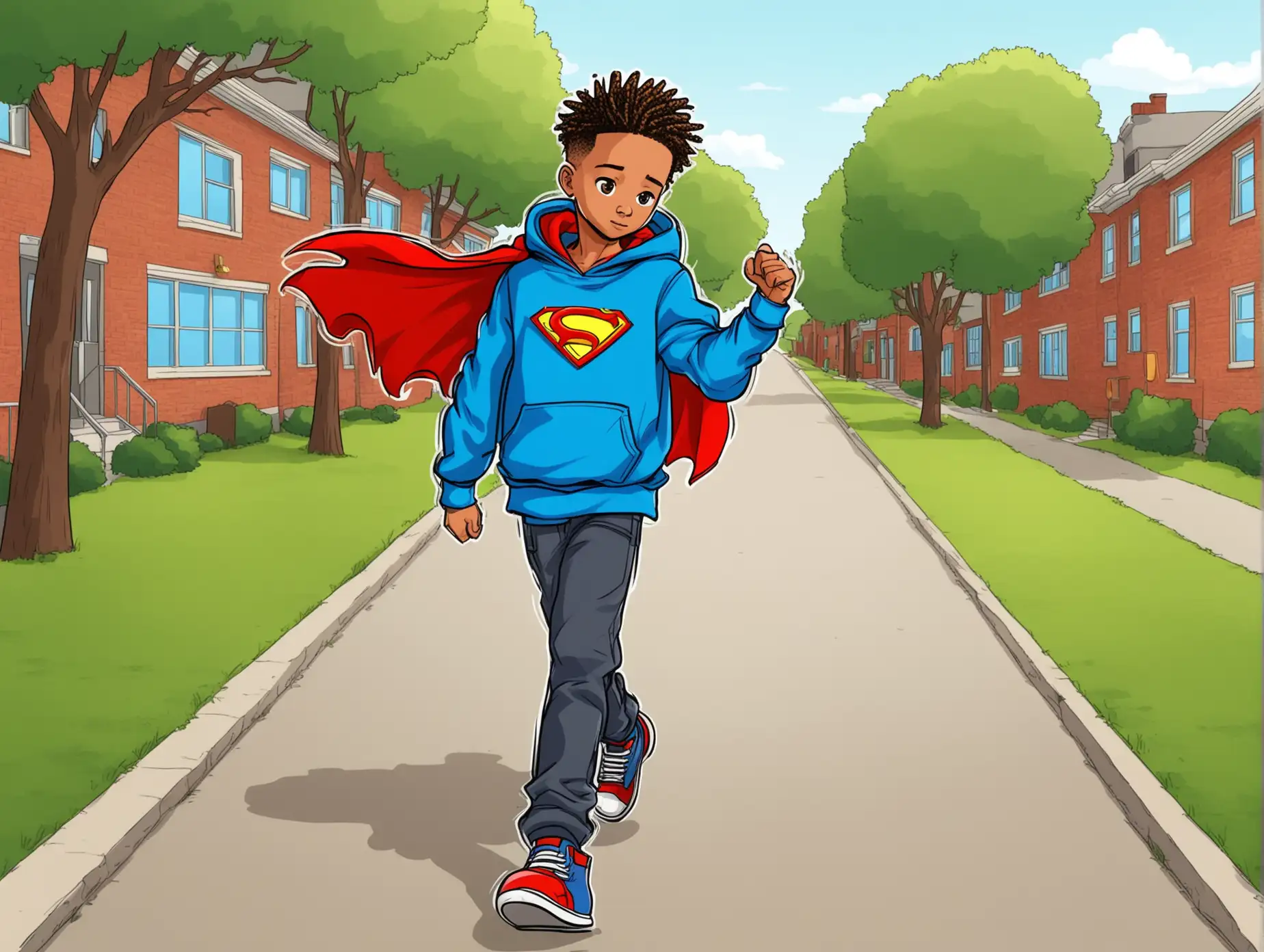 Superhero Kid Walking to School in Cartoon Style