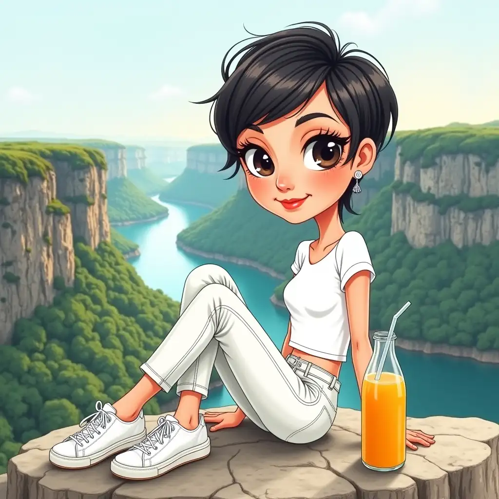 Caricature, caricature, Big head, beautiful woman with dark hair pixie haircut Looking at camera, sitting on a rock with scenic view in the background. Dressed in a white T-shirt, white jeans and white sneakers. Next to the character is a glass bottle of juice. In the background you can see tall green cliffs and a winding river far below. Analog stile, fashion editorial haut couture. Watercolor illustration.