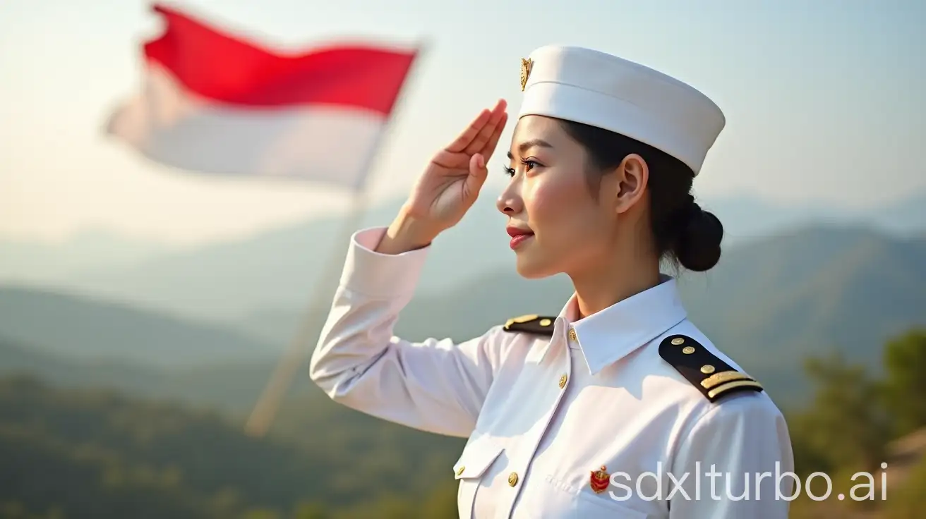 Indonesian-Army-Woman-Saluting-with-Floating-Flag-and-Mountainous-Landscape