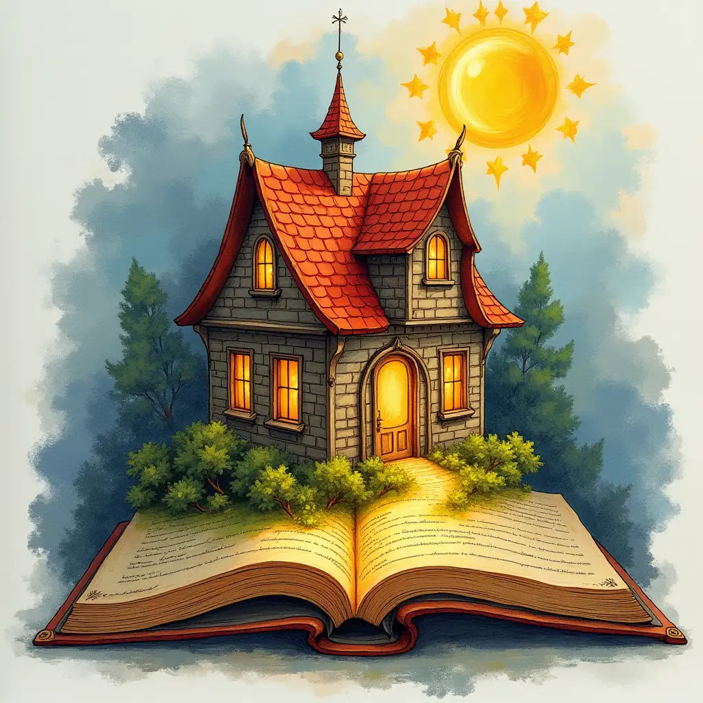 The book inside has a golden house. Imagine. Types of drawings, color sketches, mystical colors