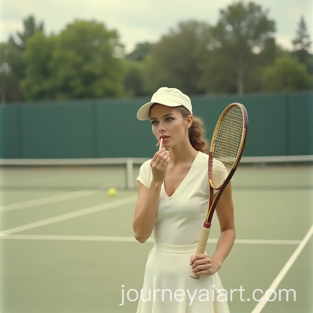 Lady-Applying-Lip-Gloss-on-an-Old-School-Tennis-Court