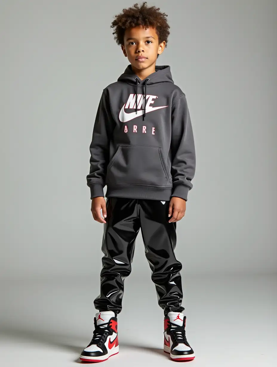 cute athletic ten-year old Caucasian boy, wearing NIKE Air Jordan high top sneakers, NIKE PVC pants, posing for photoshoot