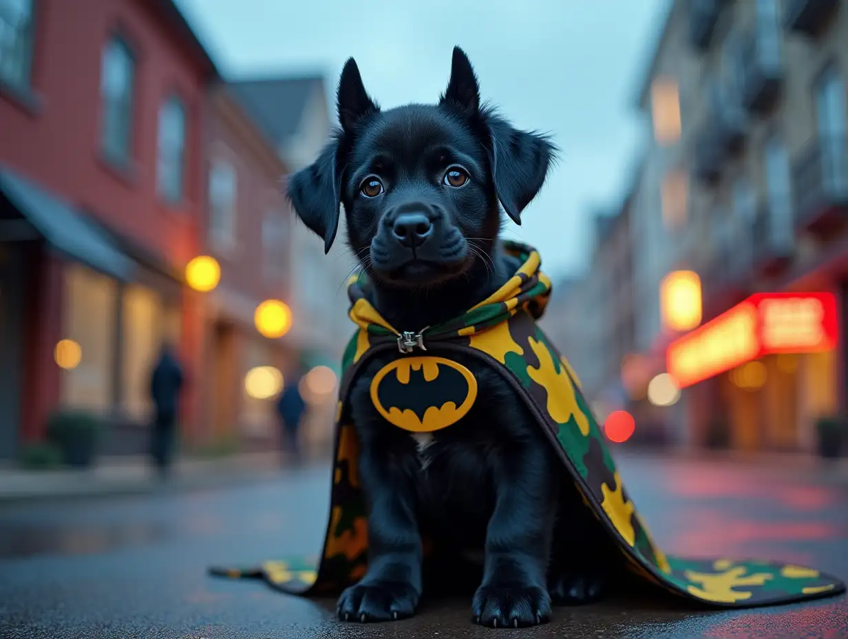 Batman puppy camouflage cloak, bright colors stands on a building 4K resolution bright colors