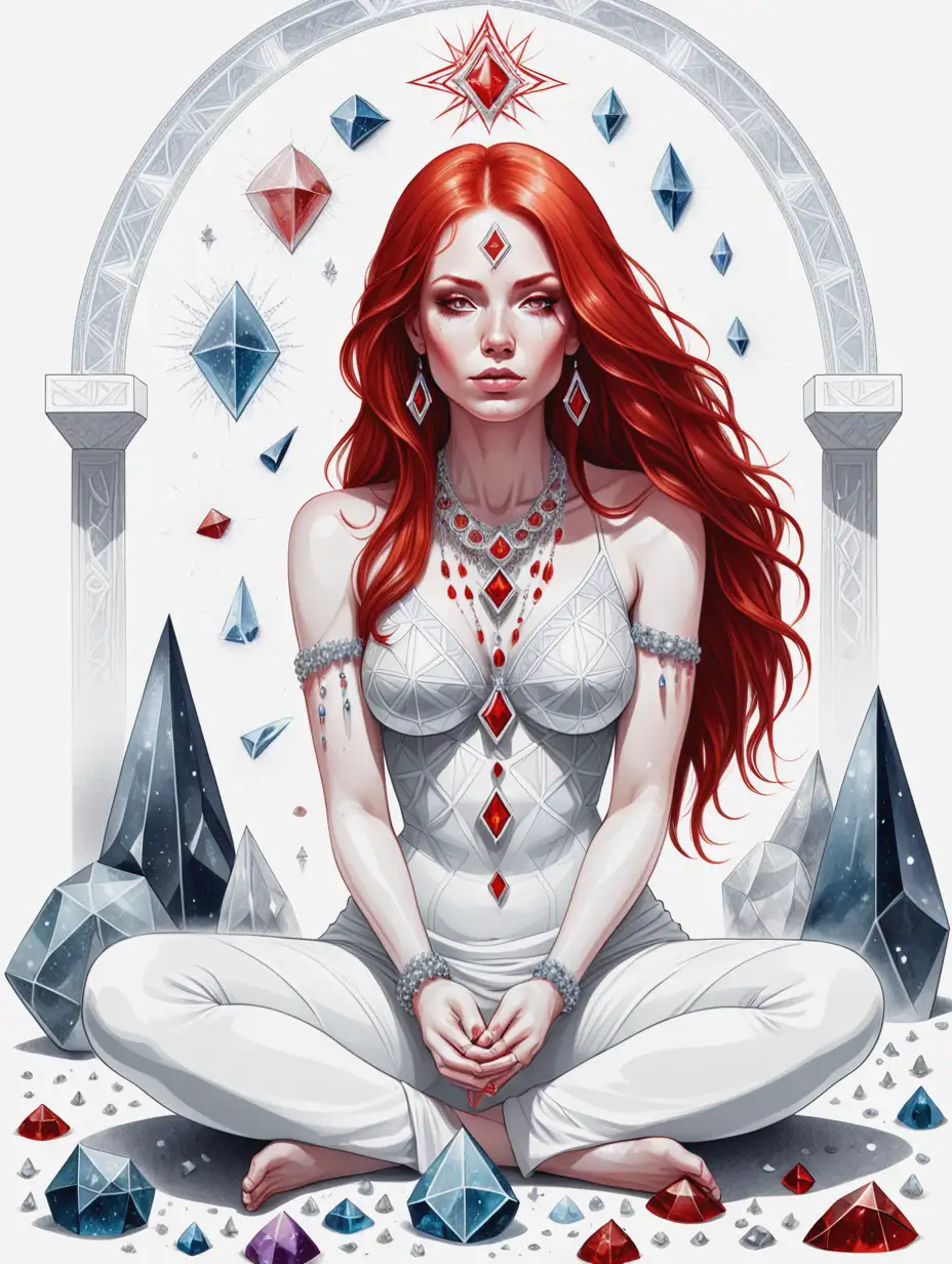 Spiritual Ritual with CrystalCovered Space and RedHeaded Woman