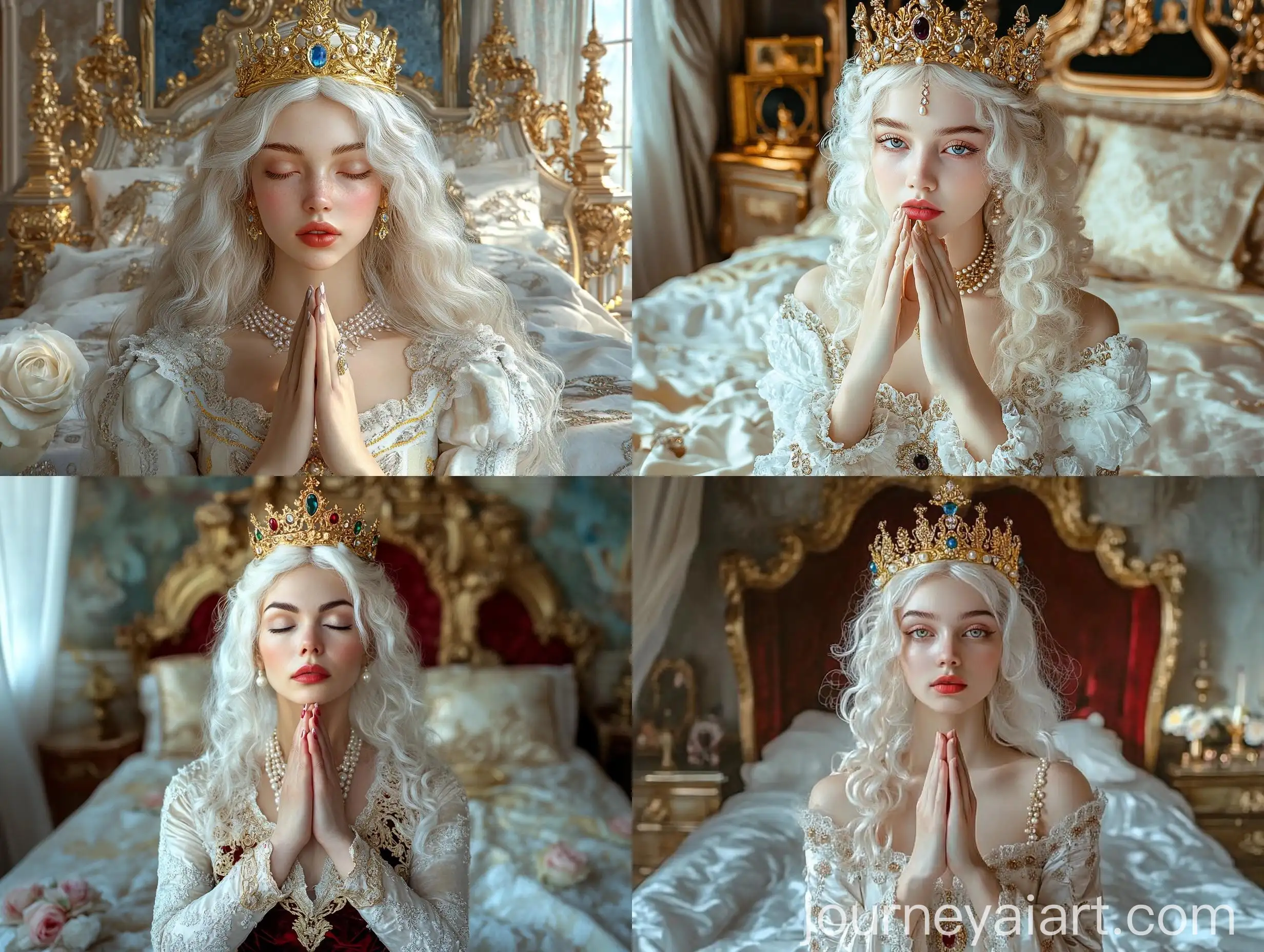 Medieval-Woman-in-Prayer-with-Golden-Crown-and-Velvet-Dress