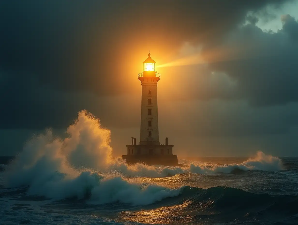 Glowing-Golden-Lighthouse-in-Stormy-Sea-Guiding-Ships-with-Warm-Light