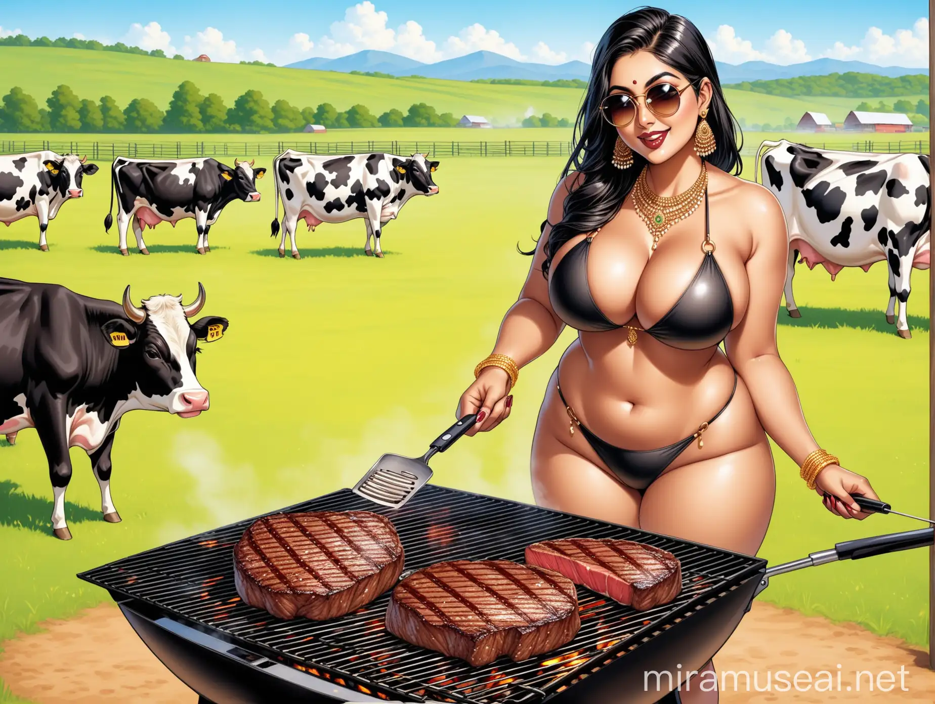 Stylish Indian Woman Grilling Steak on Farm with Cows