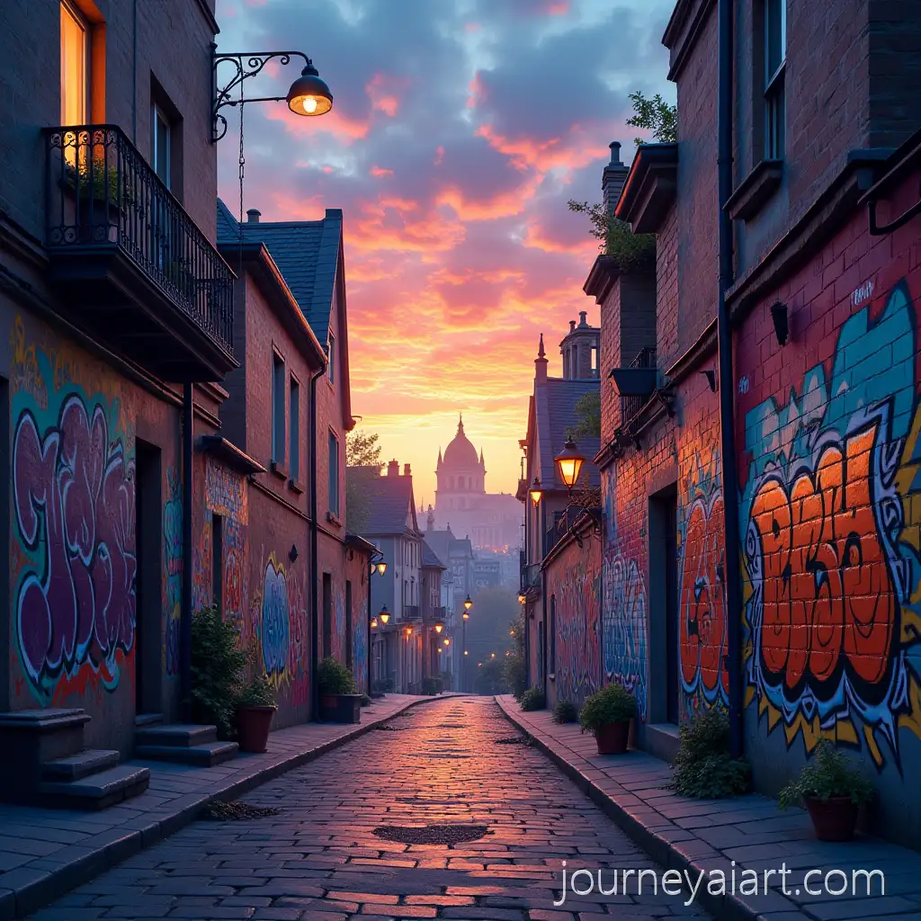 Evening-Urban-Street-Scene-with-Vibrant-Graffiti-Wall