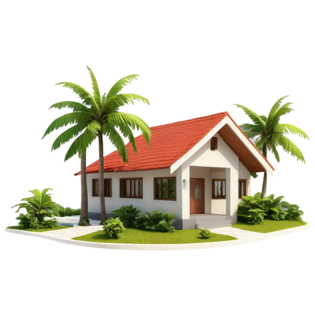 3D-House-with-Green-and-White-Walls-Red-Floor-and-Coconut-Trees-PNG-Image-Simple-and-Attractive-Design