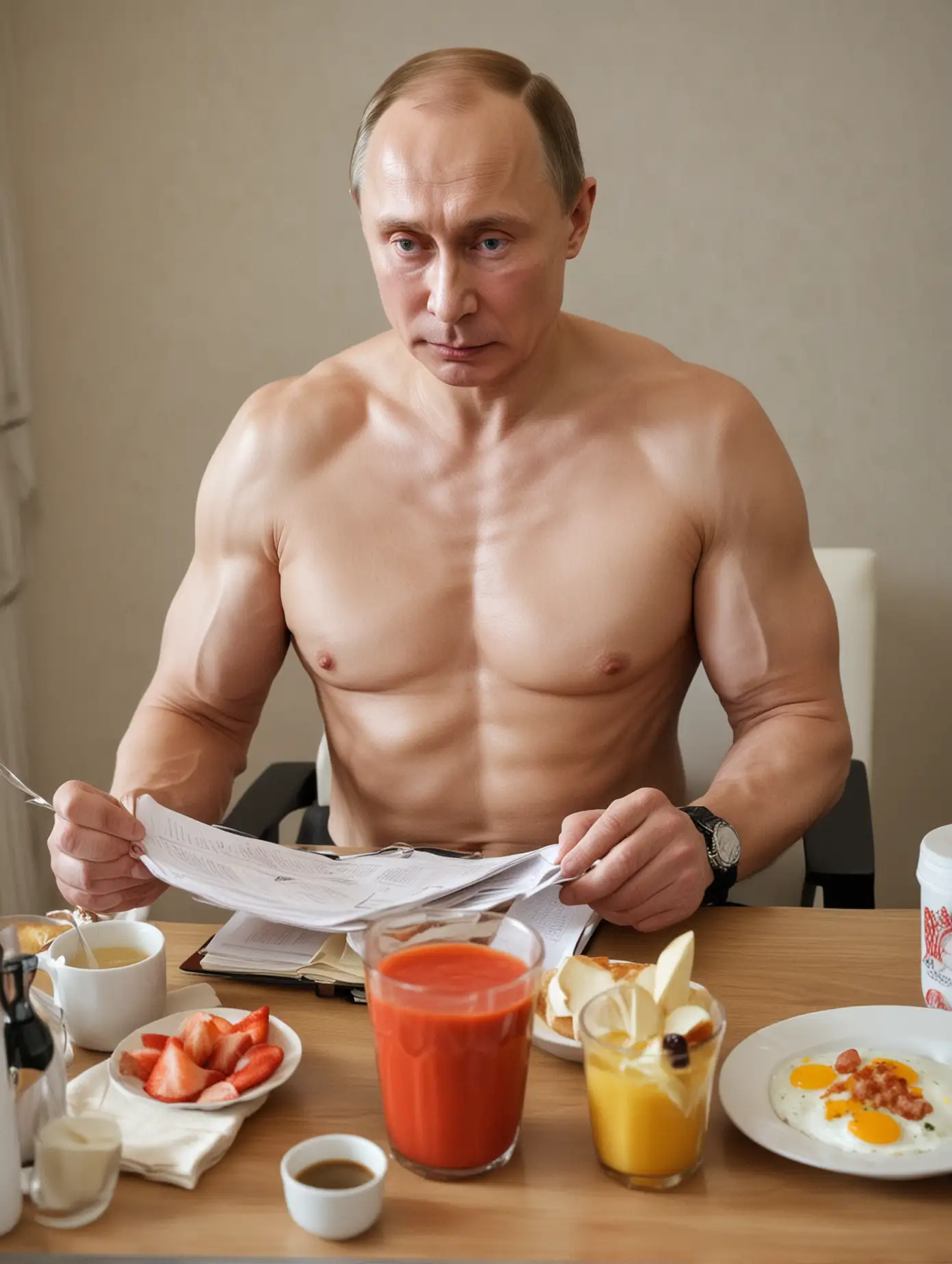 Putin’s morning routine — breakfast, gym session, and working on documents.