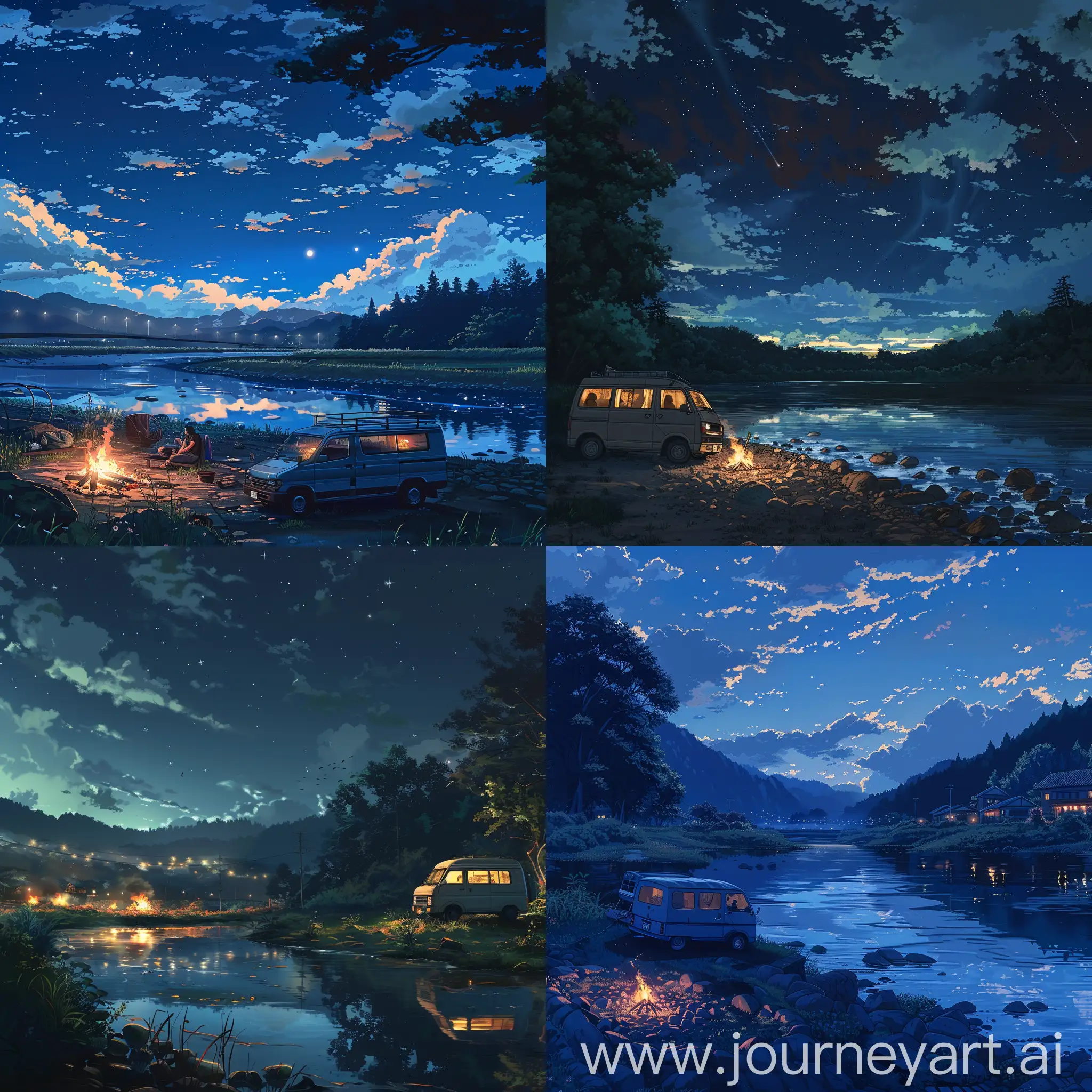 Mini-Van-Night-Scenery-by-River-with-Firecamp-Makoto-Shinkai-Style