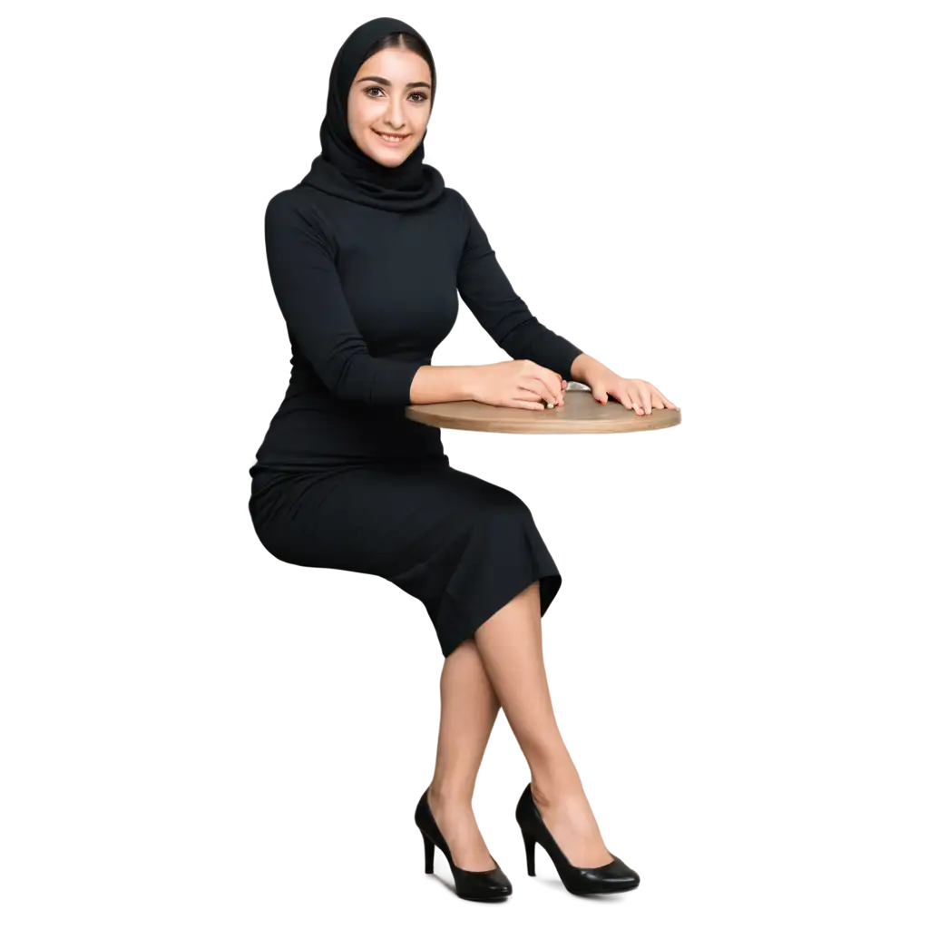 Beautiful-Muslim-Girl-in-Black-Dress-PNG-Image-Elegant-20YearOld-Woman-Sitting-at-Table-in-Front-Pose