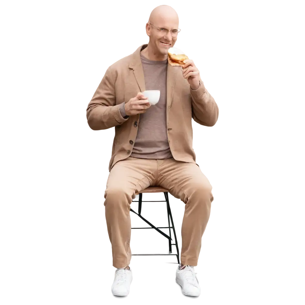 Brown-Adult-Happy-Bald-Man-Eating-Bread-with-Egg-and-Drinking-Coffee-PNG-Image