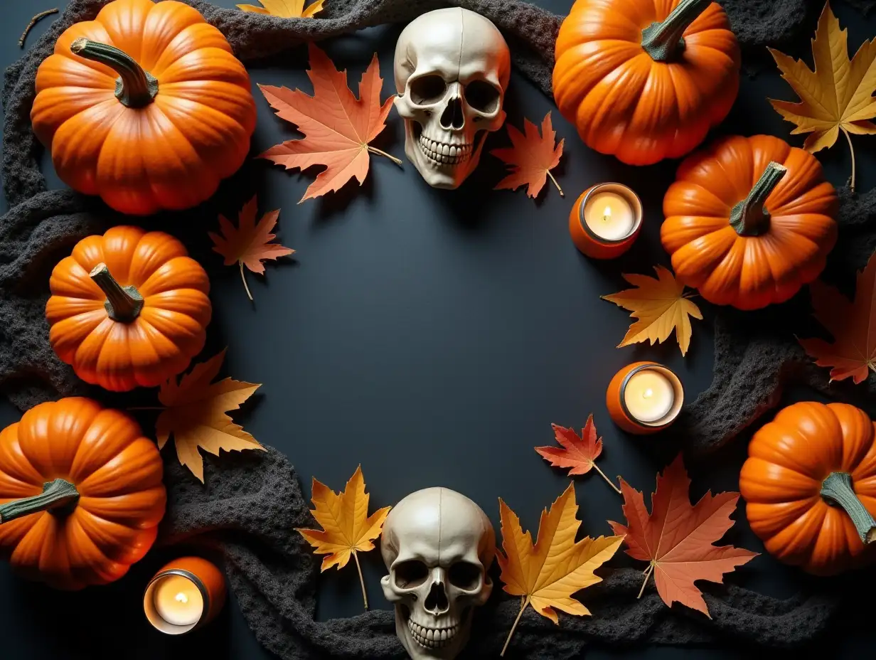 Spooky-Halloween-Flatlay-with-Pumpkins-Skulls-Candles-and-Autumn-Leaves