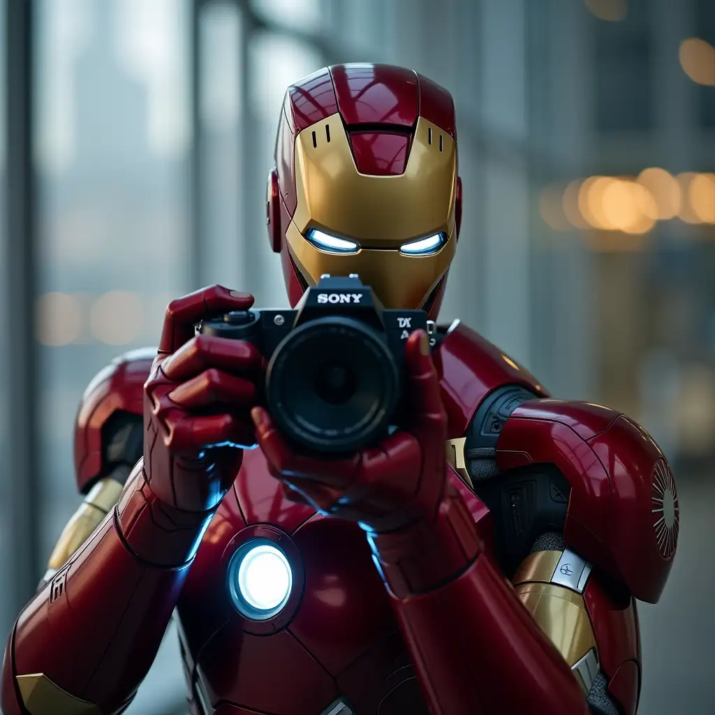 Iron-Man-Holding-Sony-Camera-in-Stark-Building-with-Thoughtful-Expression