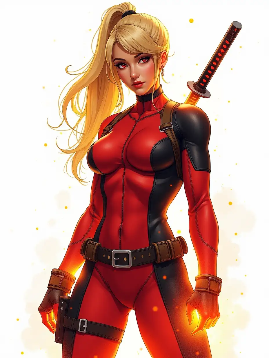 AA striking female superhero pudgy character, blonde with a long ponytail, inspired by Deadpool, wearing a red and black tight-fitting costume that glows under an intense light of embers and sparks. She stands with an imposing presence, with katanas on her back. The lighting is dramatic, casting deep shadows and creating a fiery glow around her, bright lighting effects, realistic detail, vivid colors , watercolor illustration, white background