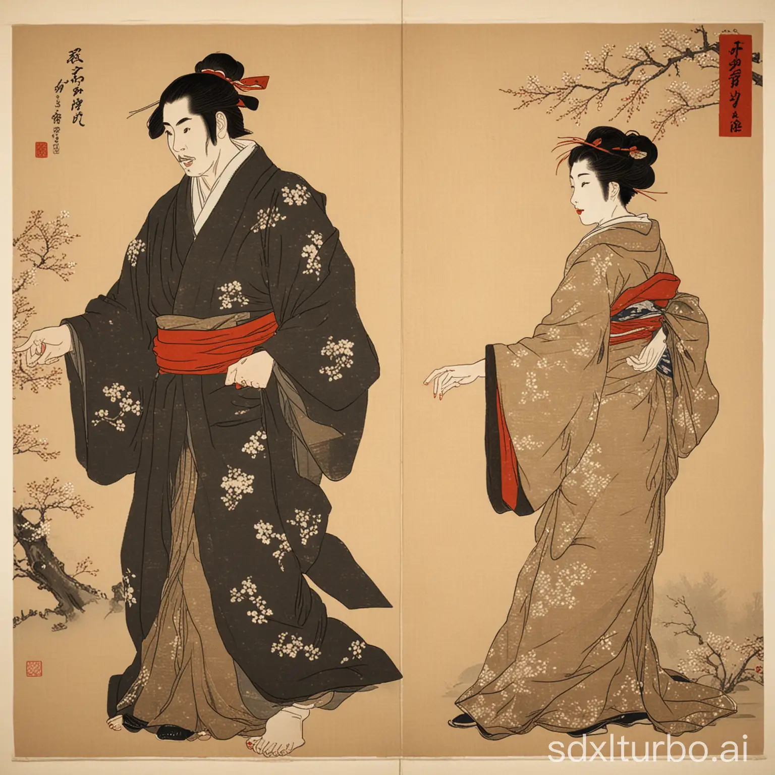 A man and a woman, one of each. The man is calling to the woman, who turns around. Captured at the moment she turns back. The style is ukiyo-e.