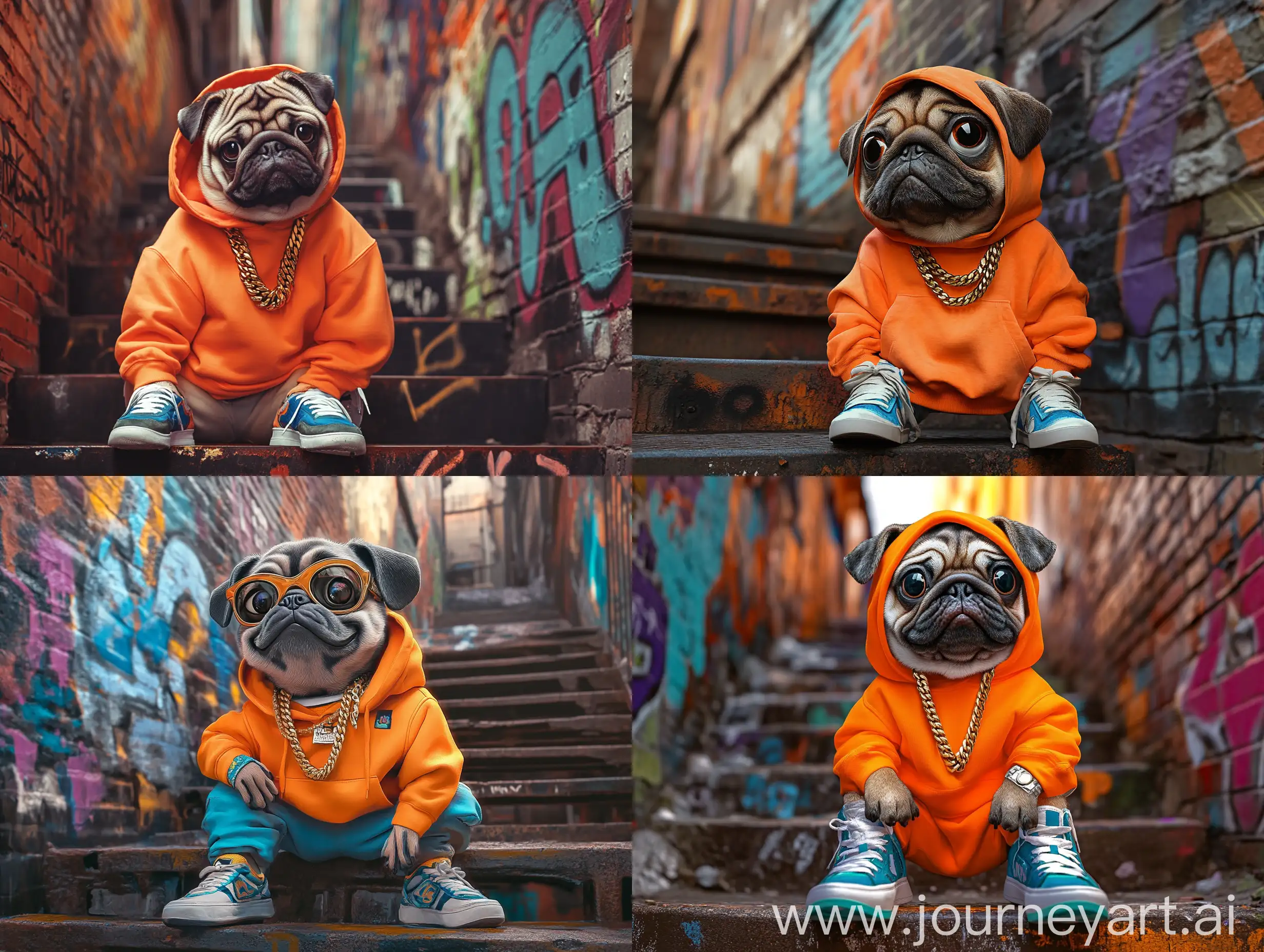 Chubby-Pug-in-Orange-Hoodie-Relaxing-on-Urban-Staircase