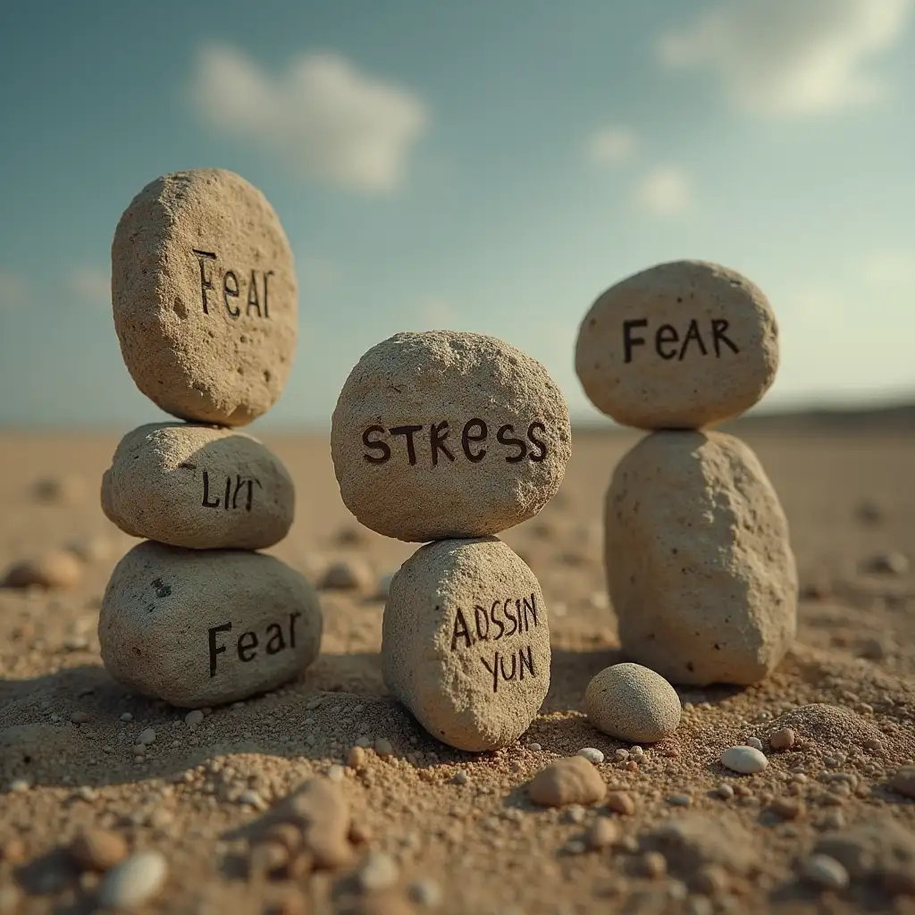 Create an image where people put into a Catapult charging stones with inscriptions 'Fear', 'Stress', 'Burnout'.