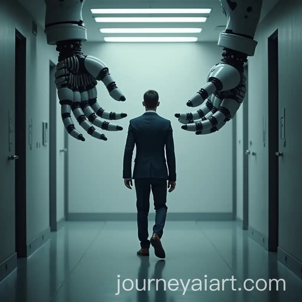 Office-Worker-Confronted-by-Mechanical-Hand-Transforming-into-AI-Receptionist