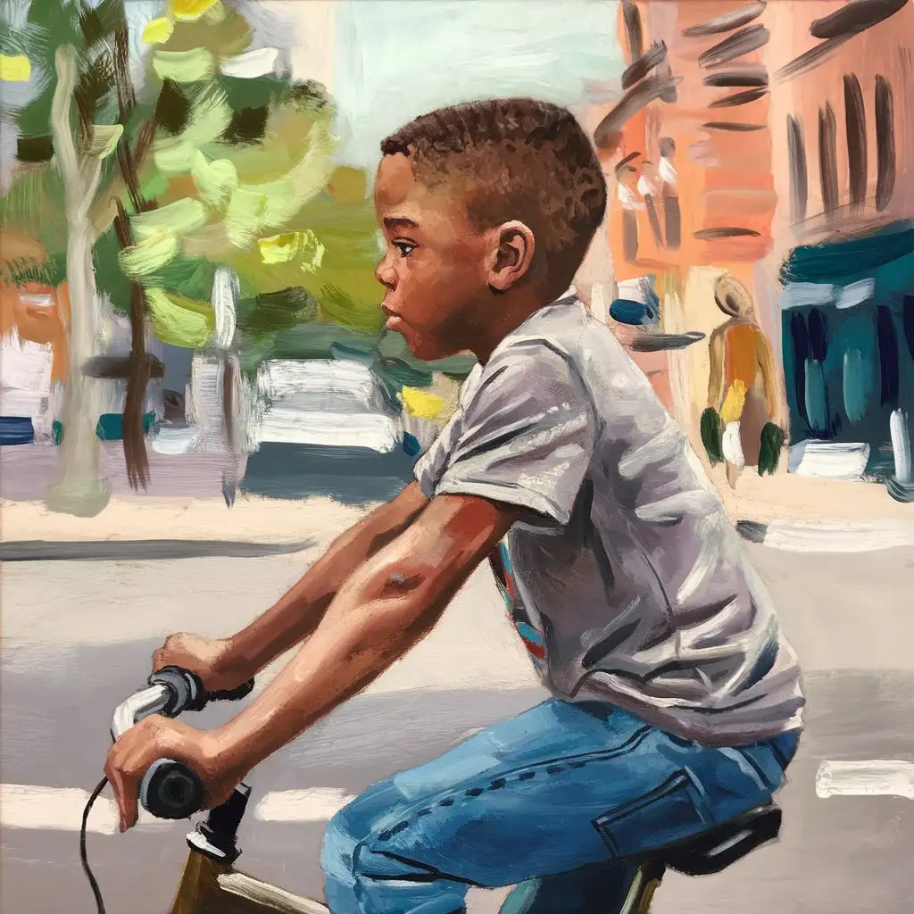 Oil Painting of African American 10YearOld Boy Riding Bike in City Summer Scene