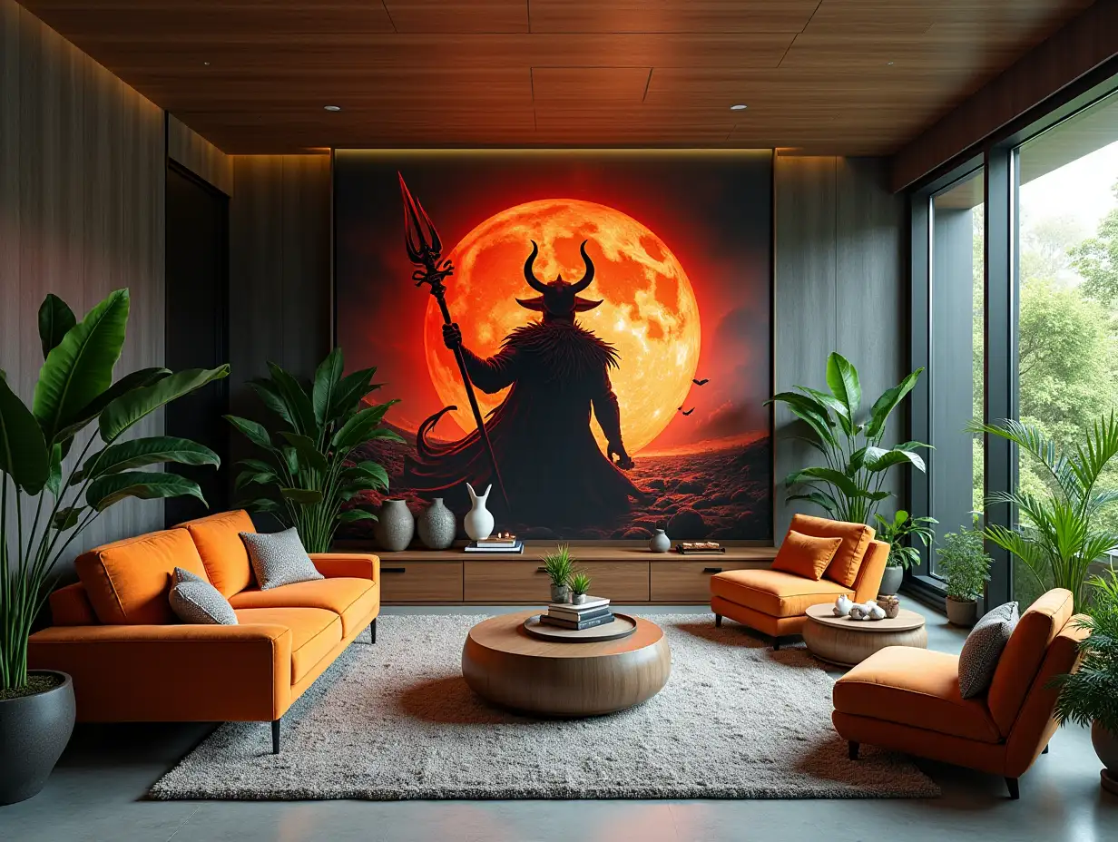 Large modern living room lighting with colorful furniture very many plants(lilies)with Demon Slayer image on the wall Zen-Garden with carefully tended rocks, a meditative 180 degrees shot 8K resolution Colorful