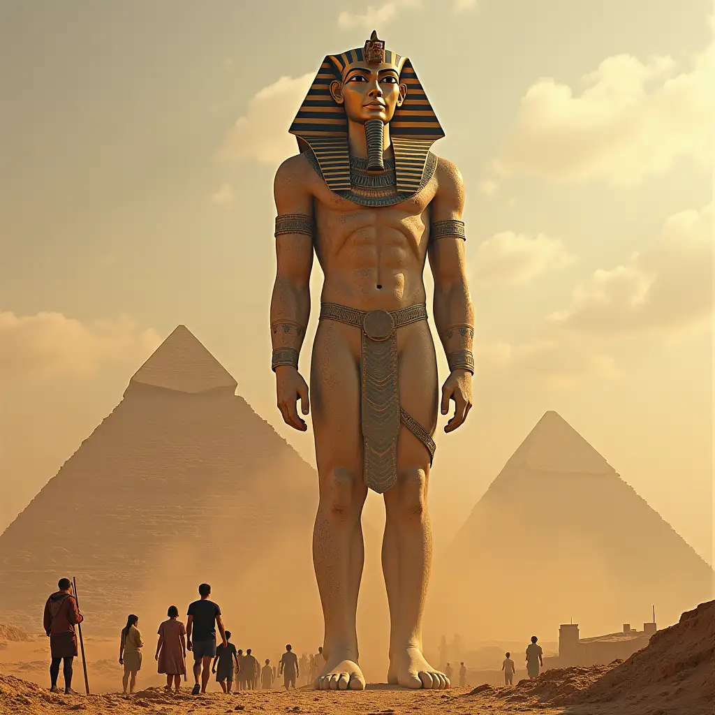 Mummy titan 12 meter high at the Egyptian pyramids,many people bow to him