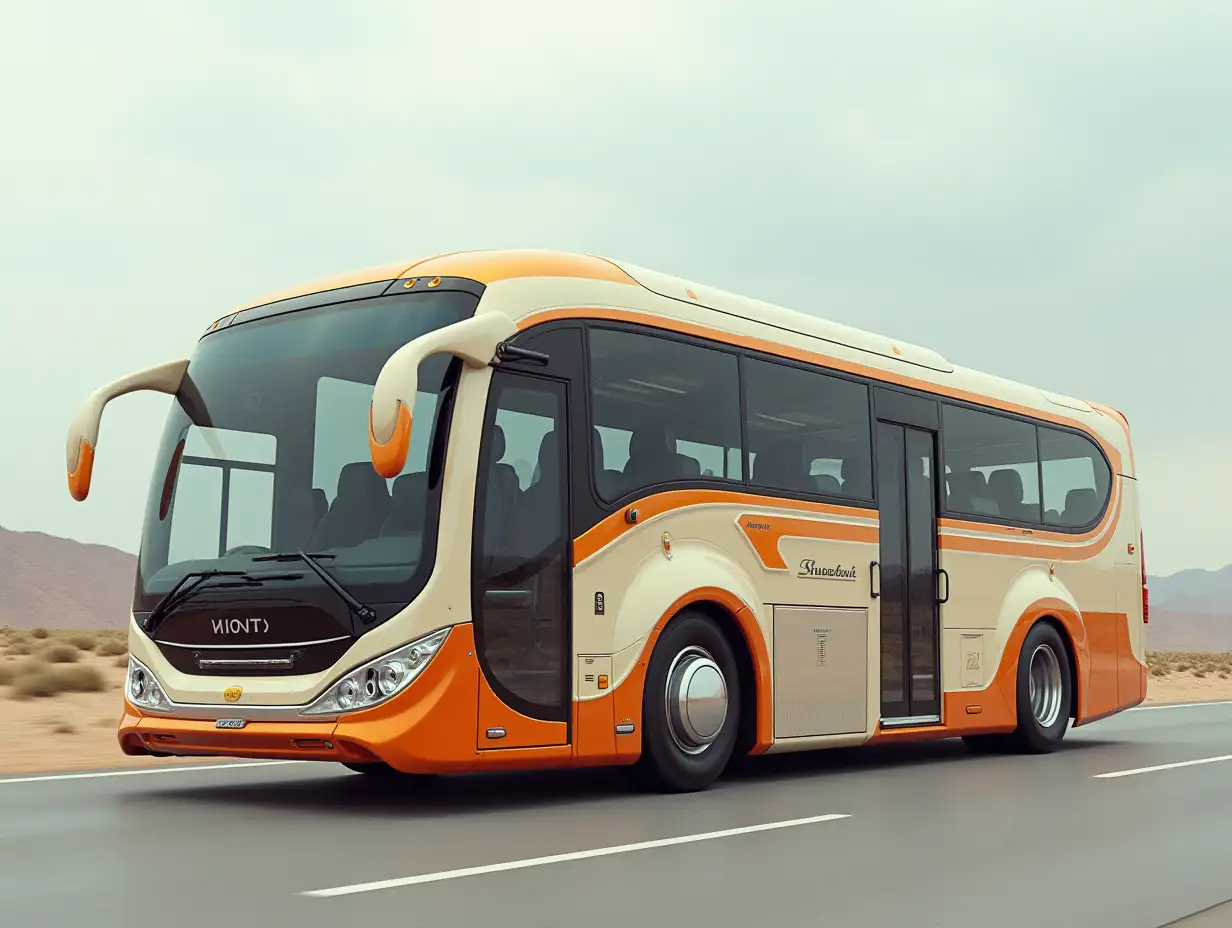 A supermodern utopian bus with winglets, lowered, aluminum wheels, cream, orange and silver colors, Cyberpunk