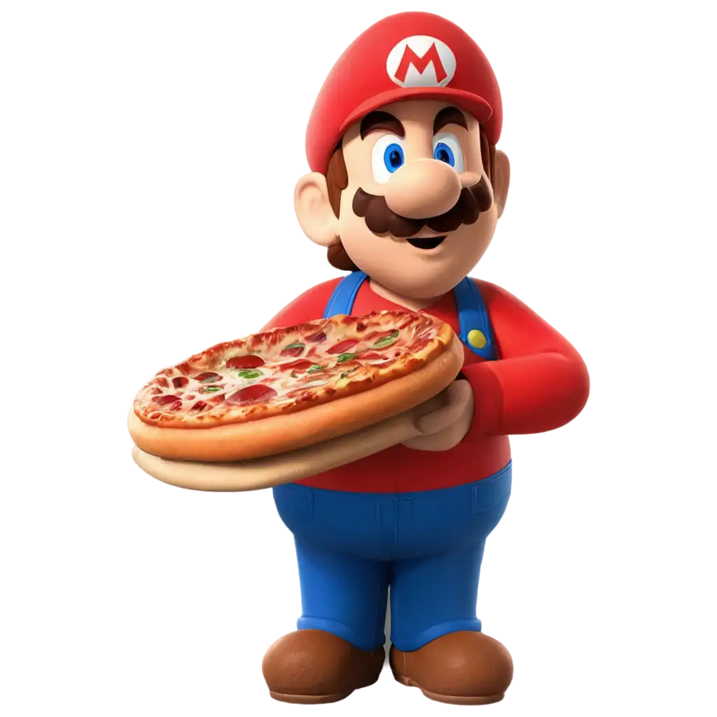 REALISTIC IMAGE OF SUPER MARIO FAT HOLDING A BIG PIZZA AND A BOTTLE OF REFRIGERANT