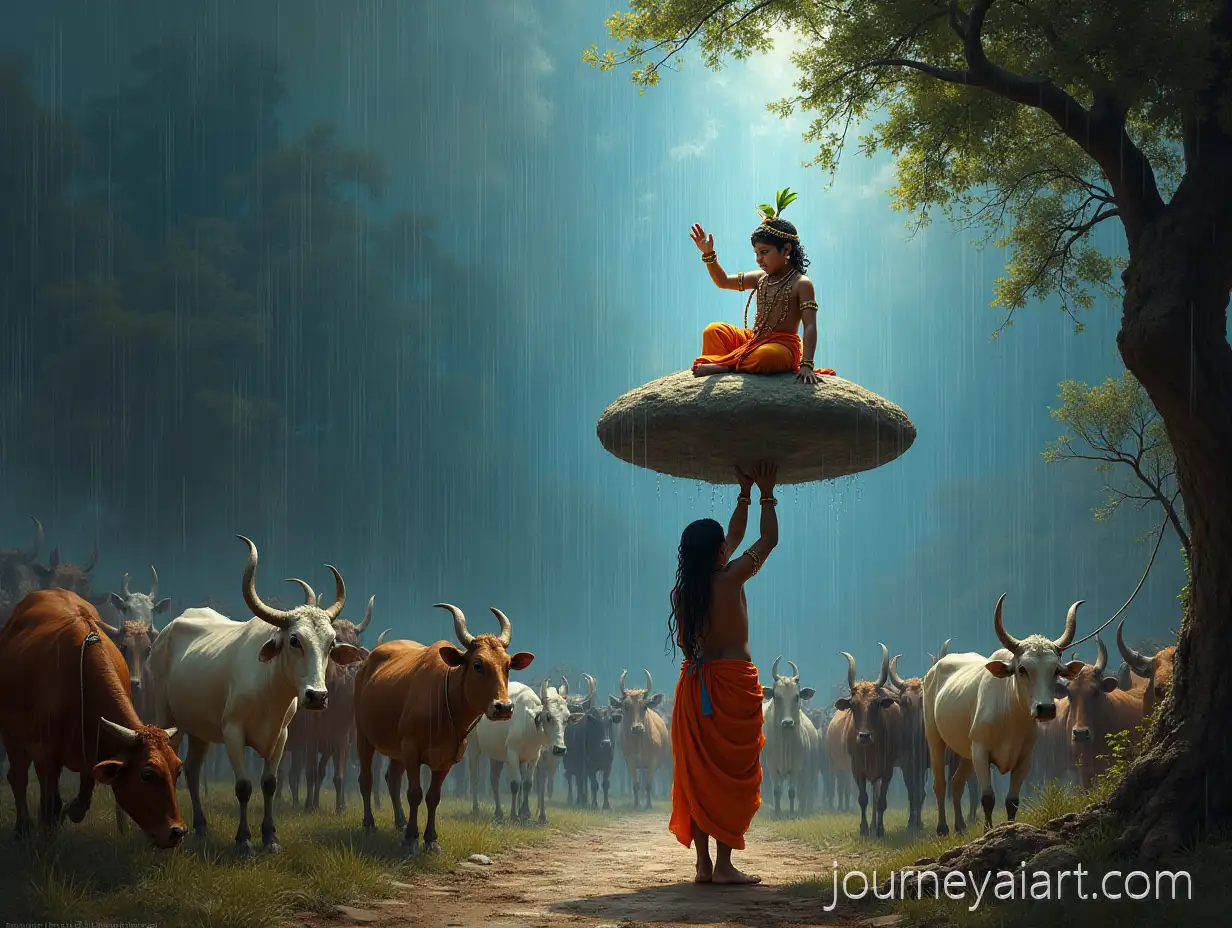 Child-Lord-Krishna-Lifting-Mount-Govardhan-to-Protect-Villagers-from-Rainstorm