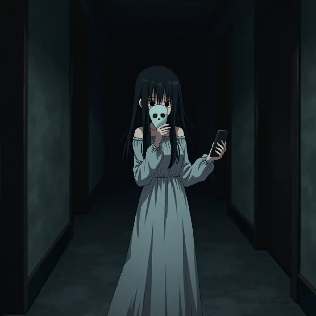 A creepy girl, looking like a girl from 'the ring'. She has long white dress on and her hair is long and black. She is standing in the middle of a dark corridor. In one hand she is holding a white mask, covering her face. In another hand she is holding a smartphone. Whole picture is dark and creepy. Anime style.