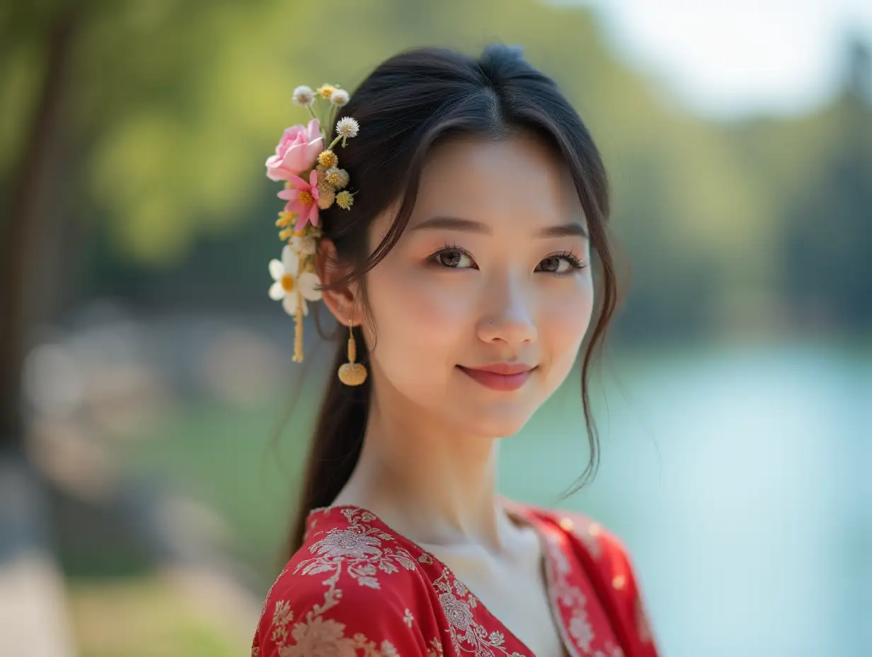 user_prompt: High definition, Chinese woman, traditional, beautiful, in America Los Angeles Bay, park, fine-featured face