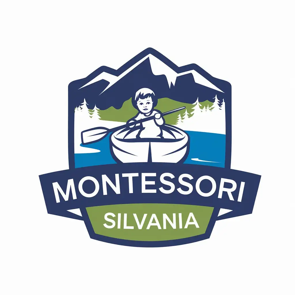 LOGO Design For Montessori Silvania Vintage Style with Child in Boat Mountains and Forest Theme