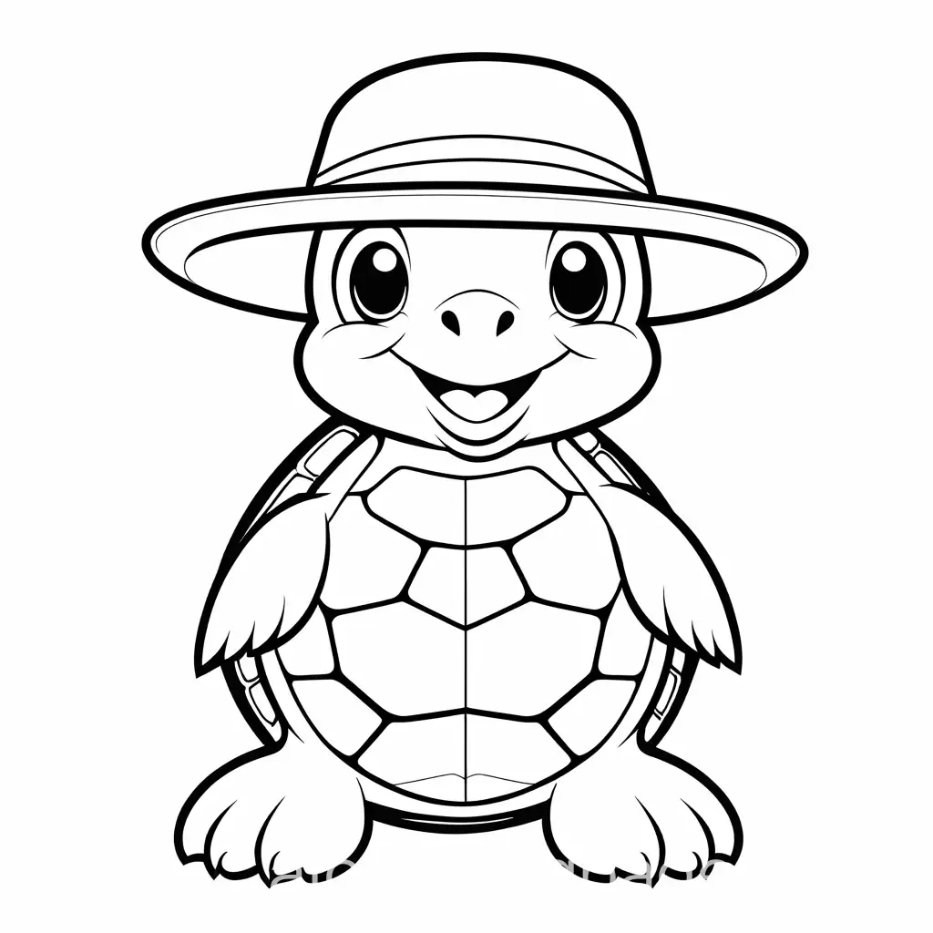 friendly cartoon character, turtle with hat, Coloring Page, black and white, line art, white background, Simplicity, Ample White Space. The background of the coloring page is plain white to make it easy for young children to color within the lines. The outlines of all the subjects are easy to distinguish, making it simple for kids to color without too much difficulty