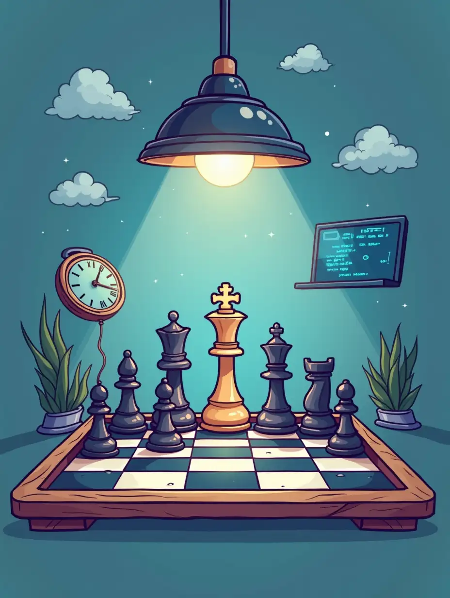 cartoon cover for a course 'learning electronic chess'