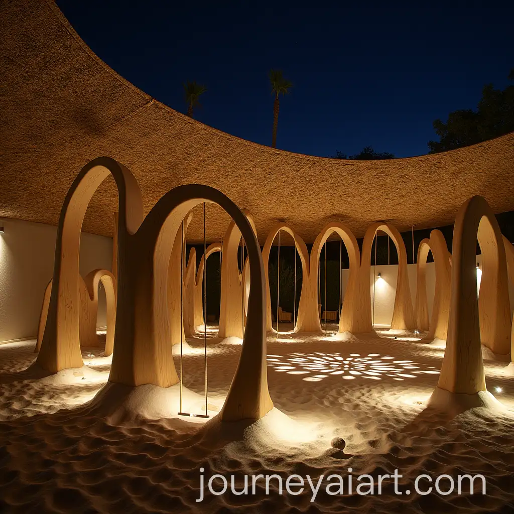 Nighttime-Desert-Courtyard-Playground-with-Wooden-Arches-and-Rope-Swings