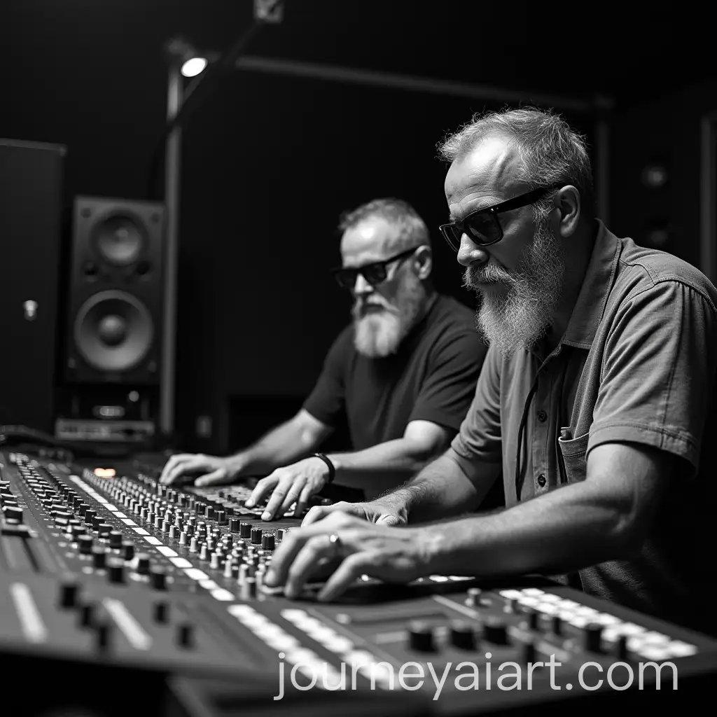 Rasta-Man-and-Blonde-DJ-Mixing-in-a-Music-Studio-with-Analog-Equipment