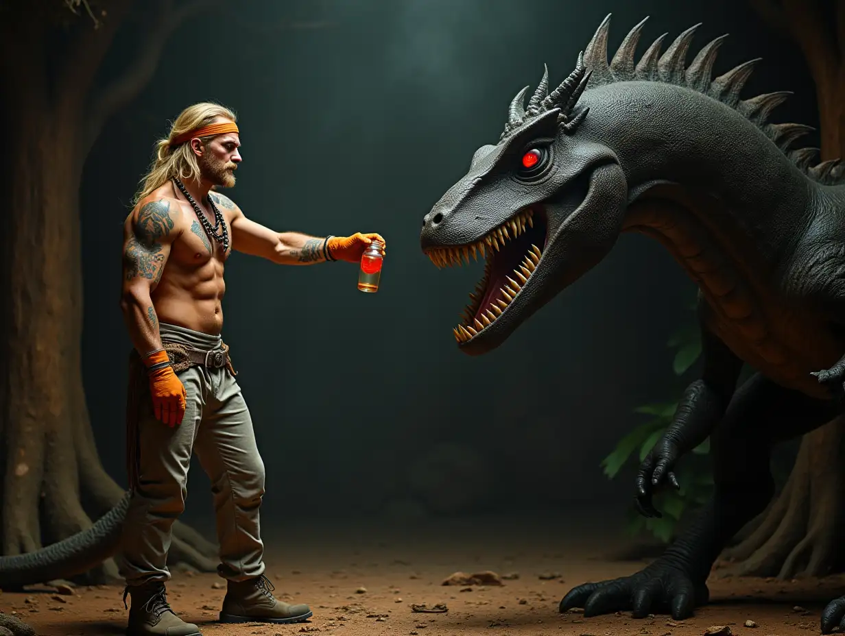 Ultra HD Photo Of A blonde long haired  attractive Tall muscular agile wild European American man with  tribal tattoos around his face an orange thin headband wearing grayish long pants an boots on top and orange gloves of a platform of an indoor tree wooden altar of Bantu religion tossing a far throw of a  closed jar full of transparent liquid sedative into the mouth of a gigantic terrifying frilled eared dragon looking dinosaur serpent with red eyes and black skin with the creatures neck extending at him