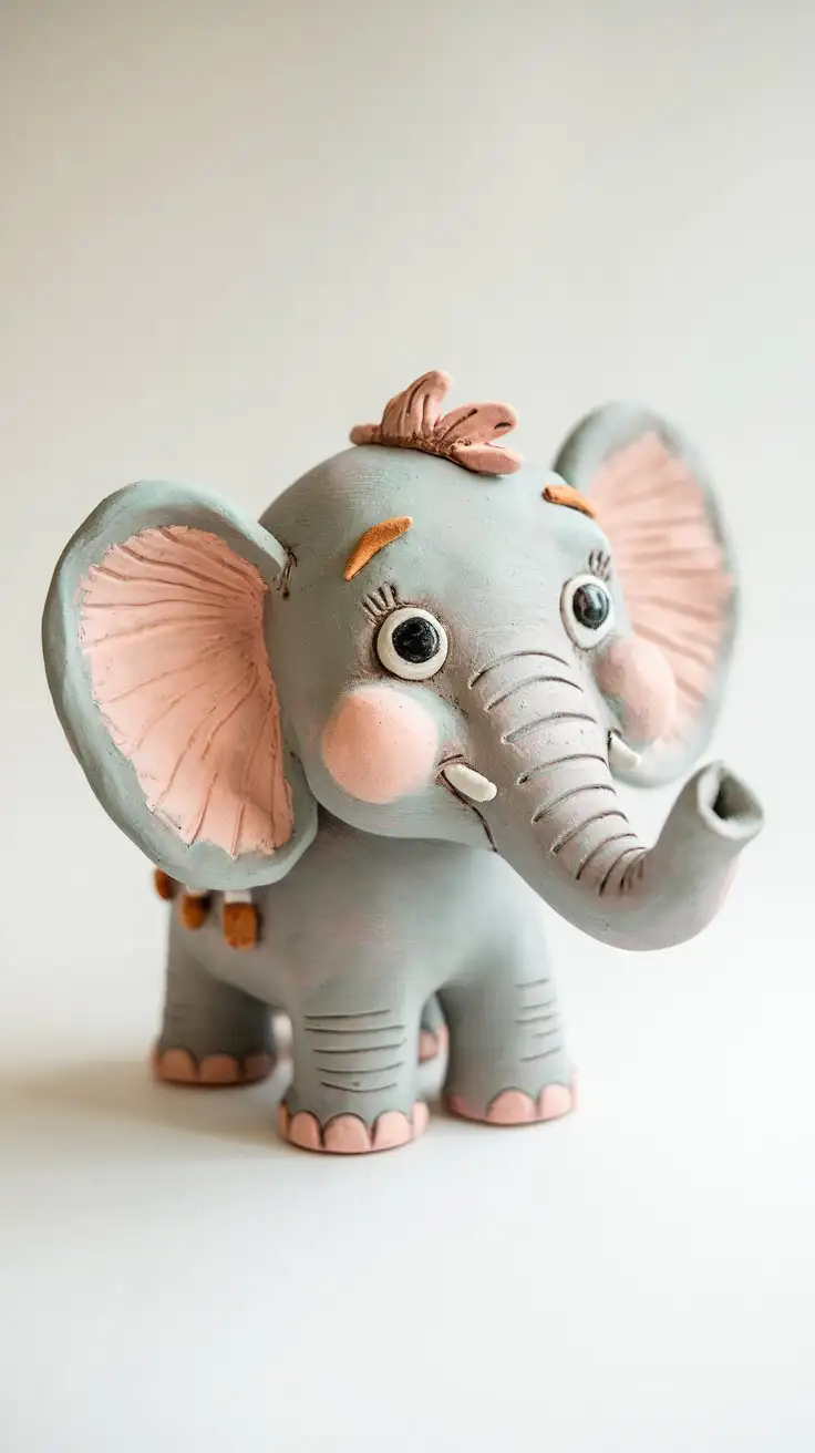 Handcrafted-Whimsical-Clay-Elephant-Figurine-with-Soft-Pastel-Colors