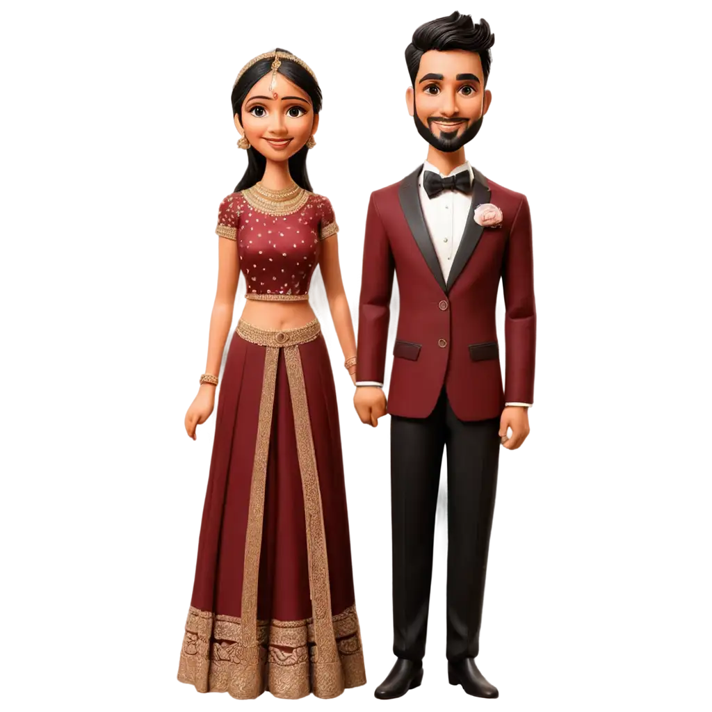 Indian-Hindu-Wedding-Caricature-PNG-Bride-and-Groom-in-Black-Tuxedo-and-Maroon-Lehenga