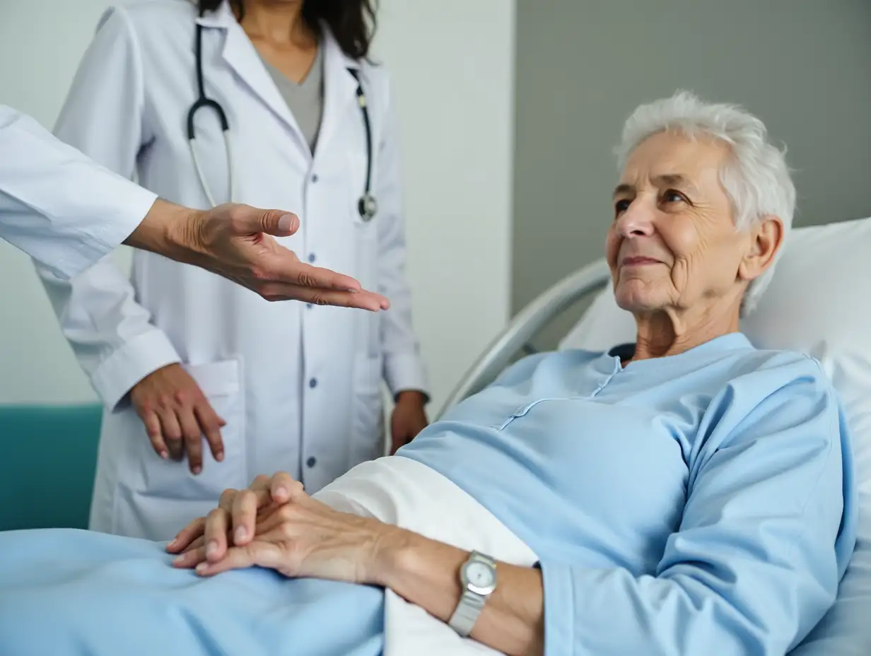 Doctor touching hands to encouragement mental of elderly patient after surgery at bed in hospital.