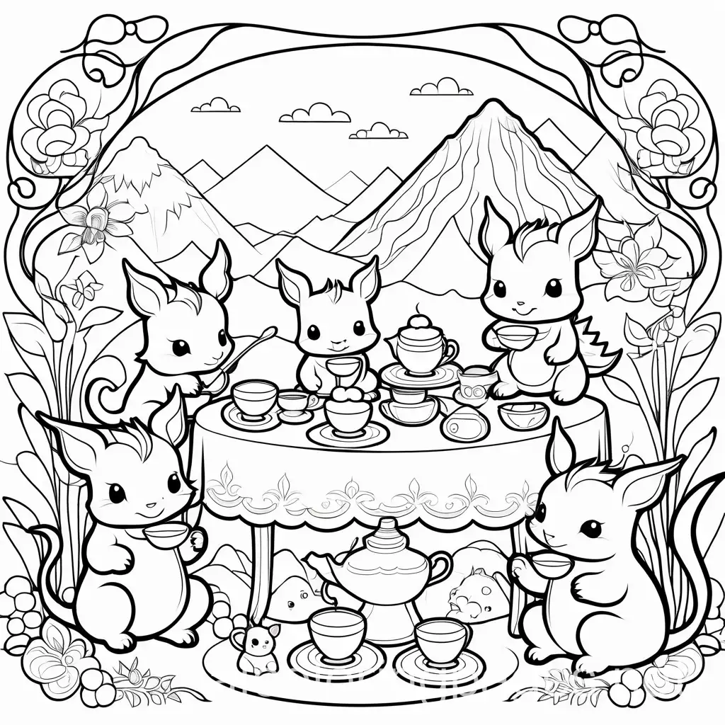 Chibi-Style-Baby-Dragons-Tea-Party-with-Animals-Coloring-Page