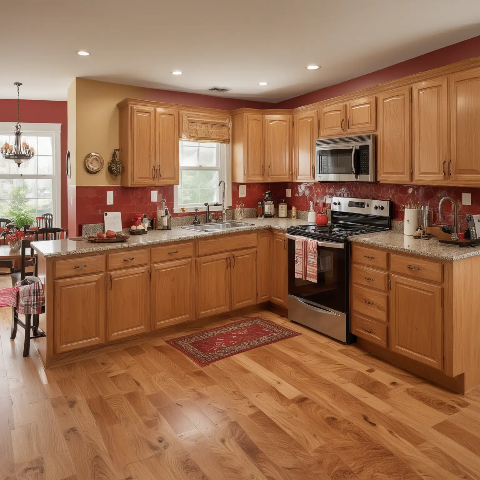 Modern Kitchen Interior with Honey Oak Cabinets and Red Accents