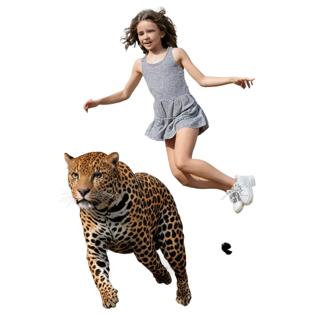 Young-Girl-in-Skirt-Jumping-Over-a-Jaguar-PNG-Image-Playful-and-Adventurous-Illustration